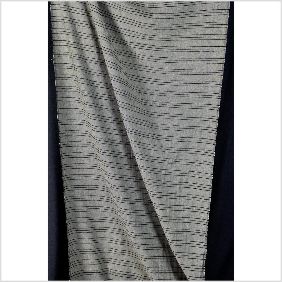 Handwoven cotton fabric, gray with black/gray striping. Natural organic dye, 100% cotton material, medium-weight, per 10 yards PHA364