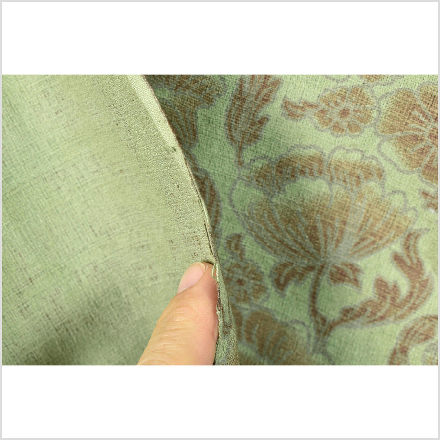 Spring green, cotton flower print fabric, brown & gray flower pattern, 46 inch wide, Thailand craft, fabric by 10 yards PHA365