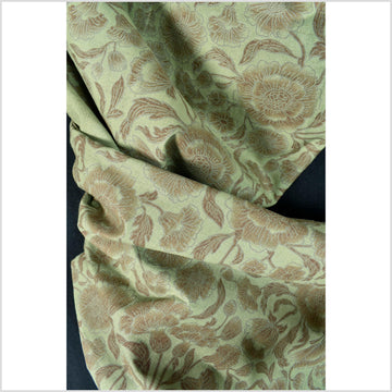 Spring green, cotton flower print fabric, brown & gray flower pattern, 46 inch wide, Thailand craft, fabric by yard PHA365