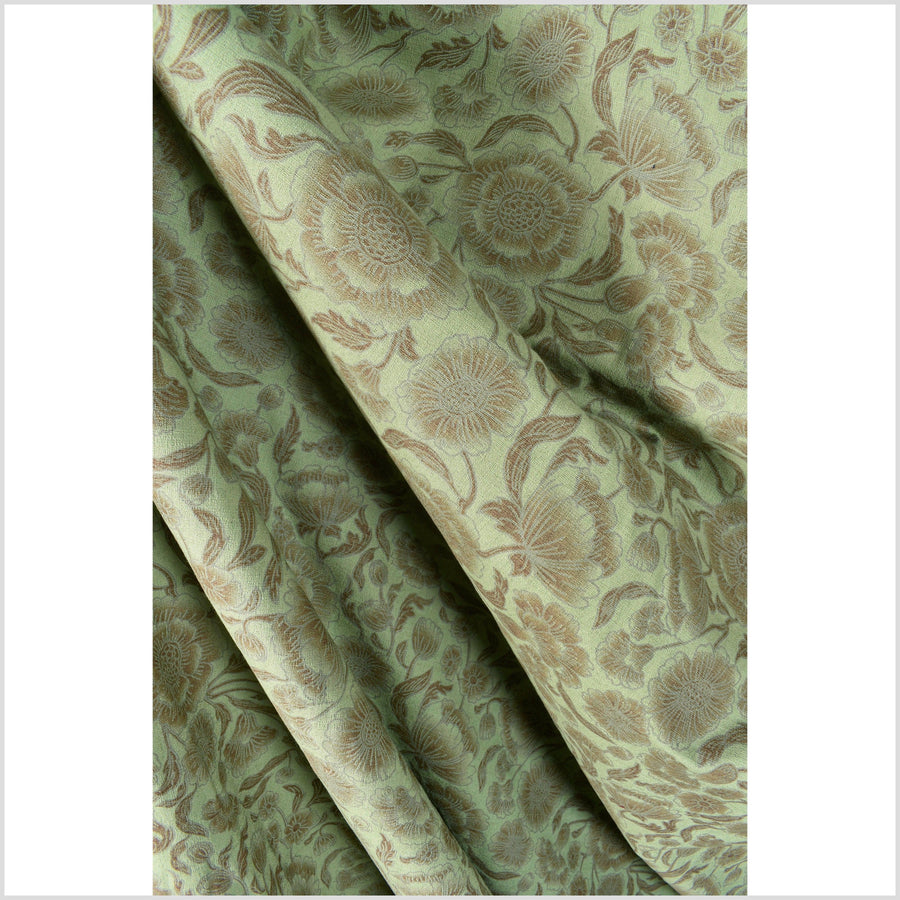 Spring green, cotton flower print fabric, brown & gray flower pattern, 46 inch wide, Thailand craft, fabric by yard PHA365