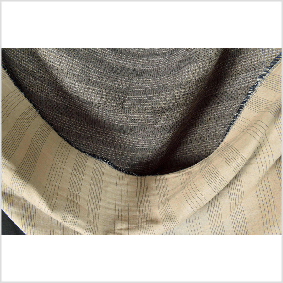 Brown/tan/blue cotton fabric with black and white woven pin stripes, quilted double ply, Thailand craft supply sold by the yard PHA366