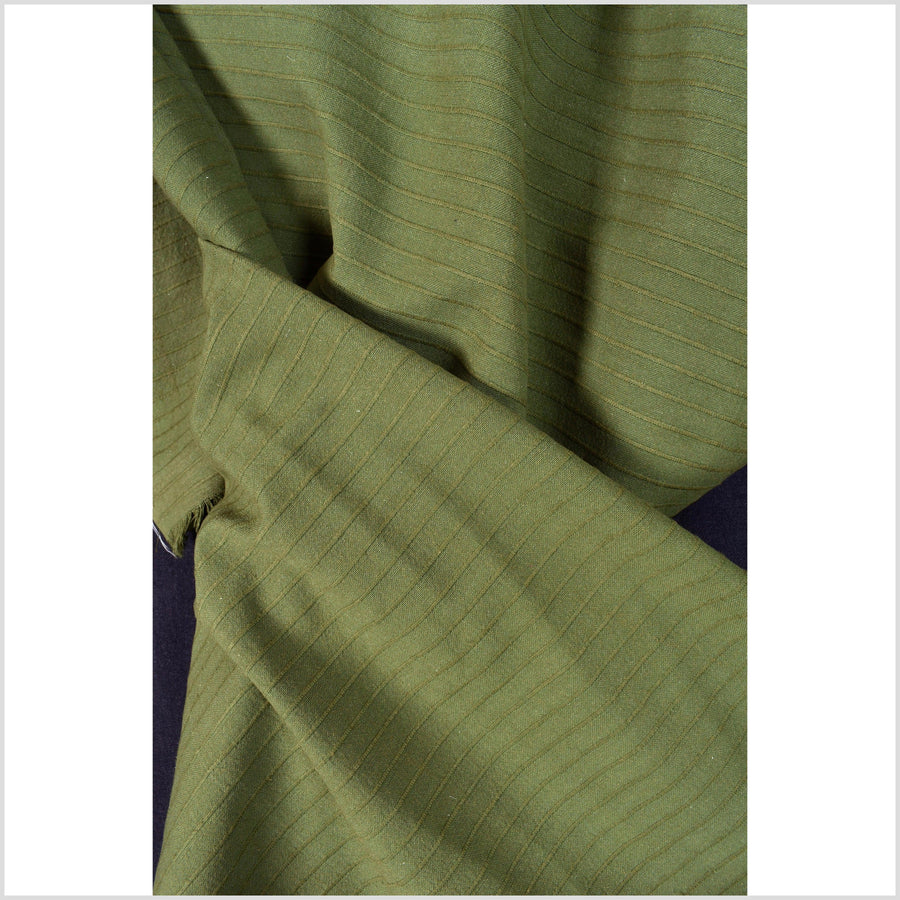 Olive green, ribbed, handwoven textured cotton fabric, medium-weight, raised texture, natural Thai woven craft supply by the yard PHA367