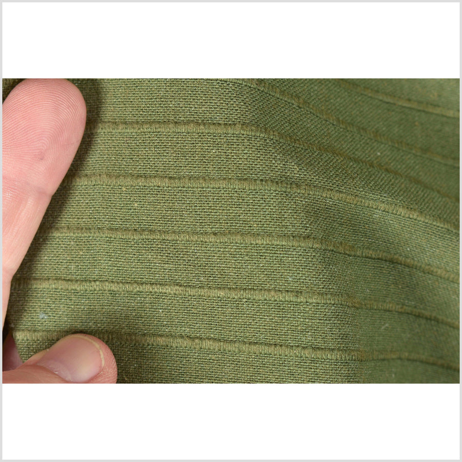 Olive green, ribbed, handwoven textured cotton fabric, medium-weight, raised texture, natural Thai woven craft supply by the yard PHA367