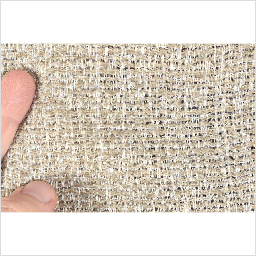 Warm ecru tan, two-tone kinky stretch cotton, loose weave crochet effect, textured hand feel fabric, sold by the yard, PHA373
