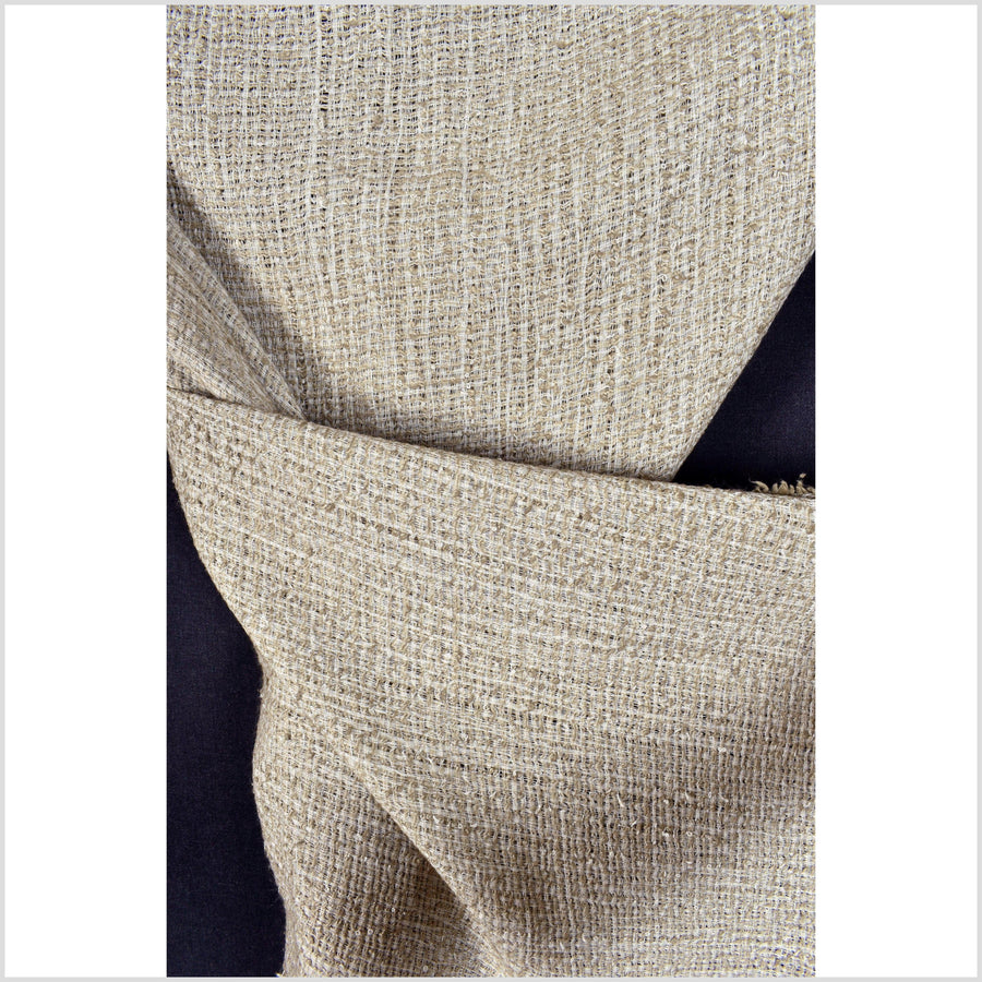 Warm ecru tan, two-tone kinky stretch cotton, loose weave crochet effect, textured hand feel fabric, sold by the yard, PHA373-10