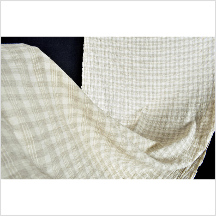 Banded neutral cotton & linen crepe fabric, horizontal cream & beige stripes, raised off-white triple pinstripe pattern, sold by the yard PHA374