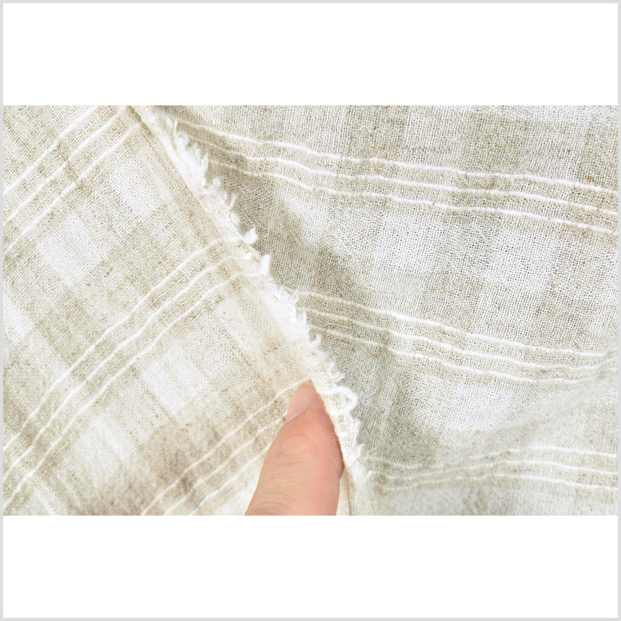 Banded neutral cotton & linen crepe fabric, horizontal cream & beige stripes, raised off-white triple pinstripe pattern, sold by 10 yards PHA374-10