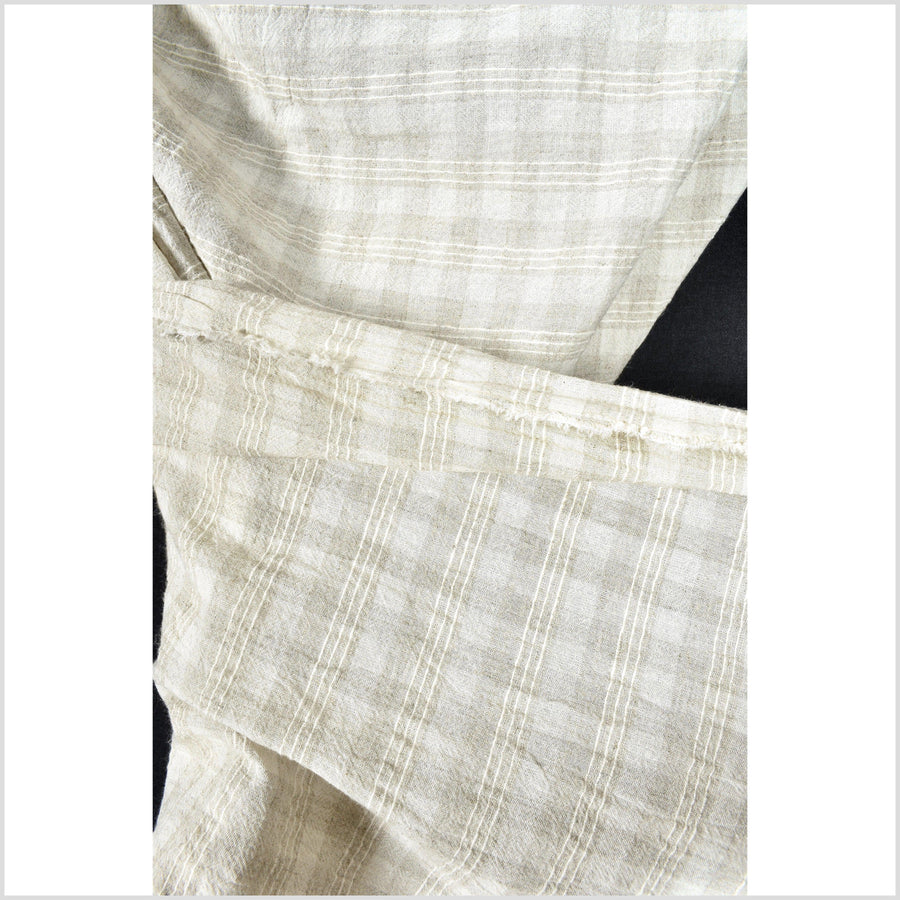 Banded neutral cotton & linen crepe fabric, horizontal cream & beige stripes, raised off-white triple pinstripe pattern, sold by 10 yards PHA374-10