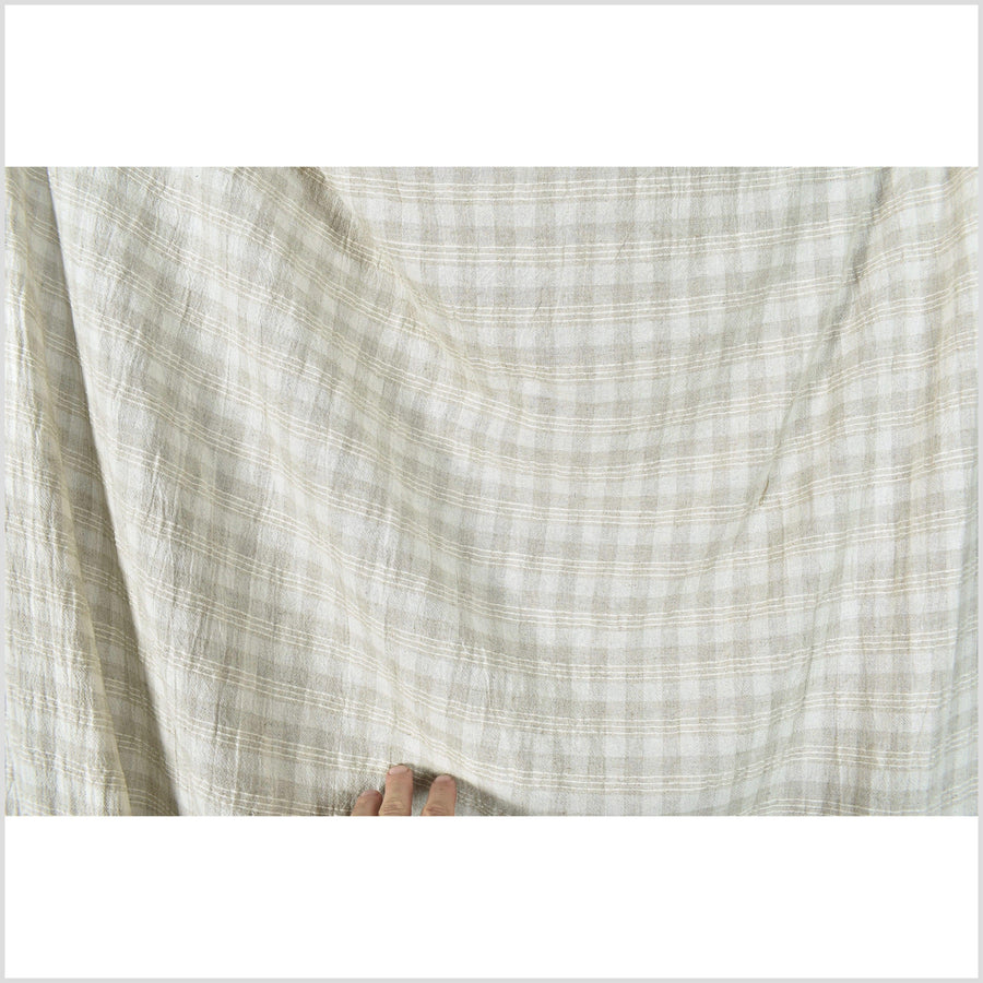 Banded neutral cotton & linen crepe fabric, horizontal cream & beige stripes, raised off-white triple pinstripe pattern, sold by the yard PHA374