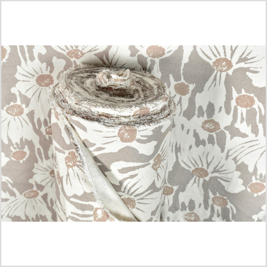 Stylized flower print fabric, unbleached natural cotton twill, off-white background, soft, pale, brown & gray pattern, 45 inch wide, Thailand craft, fabric by 10 yards PHA375-10