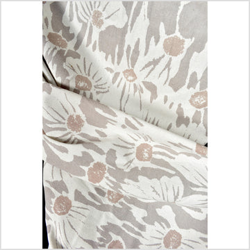 Stylized flower print fabric, unbleached natural cotton twill, off-white background, soft, pale, brown & gray pattern, 45 inch wide, Thailand craft, fabric by the yard PHA375