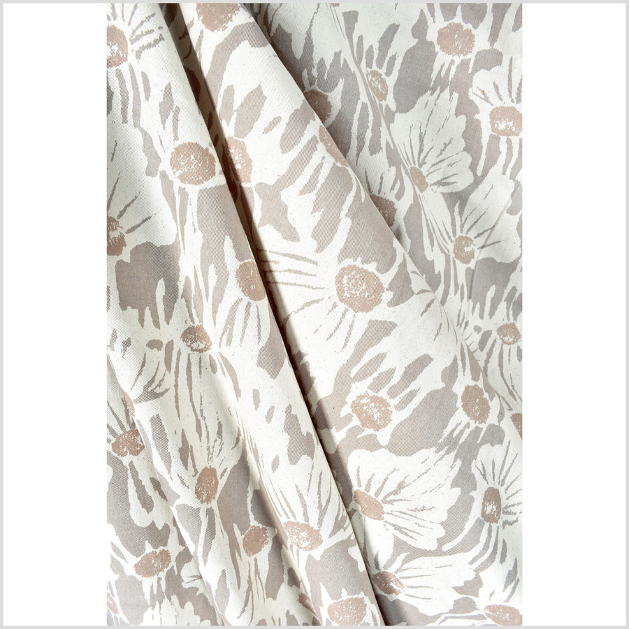 Stylized flower print fabric, unbleached natural cotton twill, off-white background, soft, pale, brown & gray pattern, 45 inch wide, Thailand craft, fabric by the yard PHA375