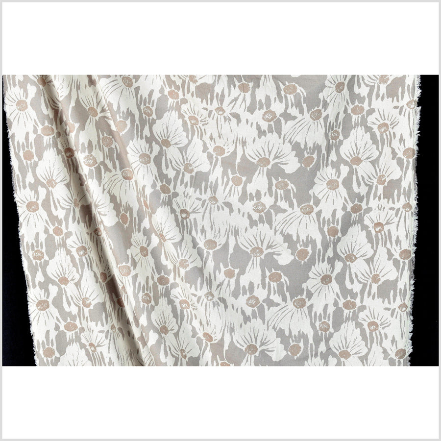 Stylized flower print fabric, unbleached natural cotton twill, off-white background, soft, pale, brown & gray pattern, 45 inch wide, Thailand craft, fabric by 10 yards PHA375-10
