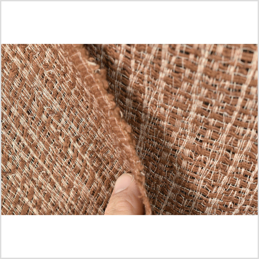 Vibrant rust brown, two-tone kinky stretch cotton, loose weave crochet effect, textured hand feel fabric, sold by the yard, PHA377