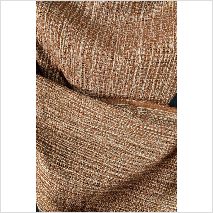 Vibrant rust brown, two-tone kinky stretch cotton, loose weave crochet effect, textured hand feel fabric, sold by the yard, PHA377