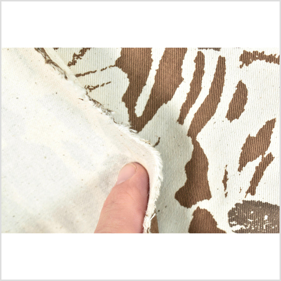 Stylized flower print fabric, unbleached natural cotton twill, off-white background, two-tone brown pattern, 45 inch wide, Thailand craft, fabric by the yard PHA383