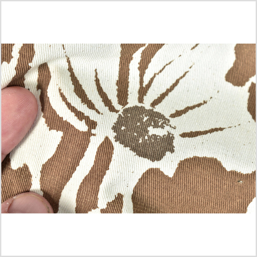 Stylized flower print fabric, unbleached natural cotton twill, off-white background, two-tone brown pattern, 45 inch wide, Thailand craft, fabric by the yard PHA383