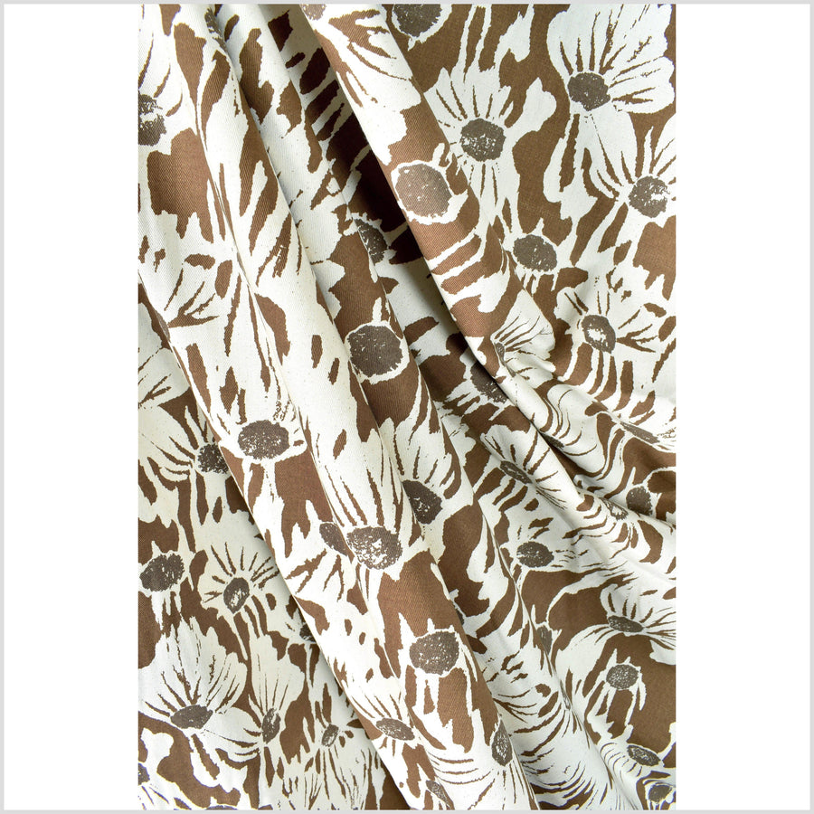 Stylized flower print fabric, unbleached natural cotton twill, off-white background, two-tone brown pattern, 45 inch wide, Thailand craft, fabric by 10 yards PHA383-10