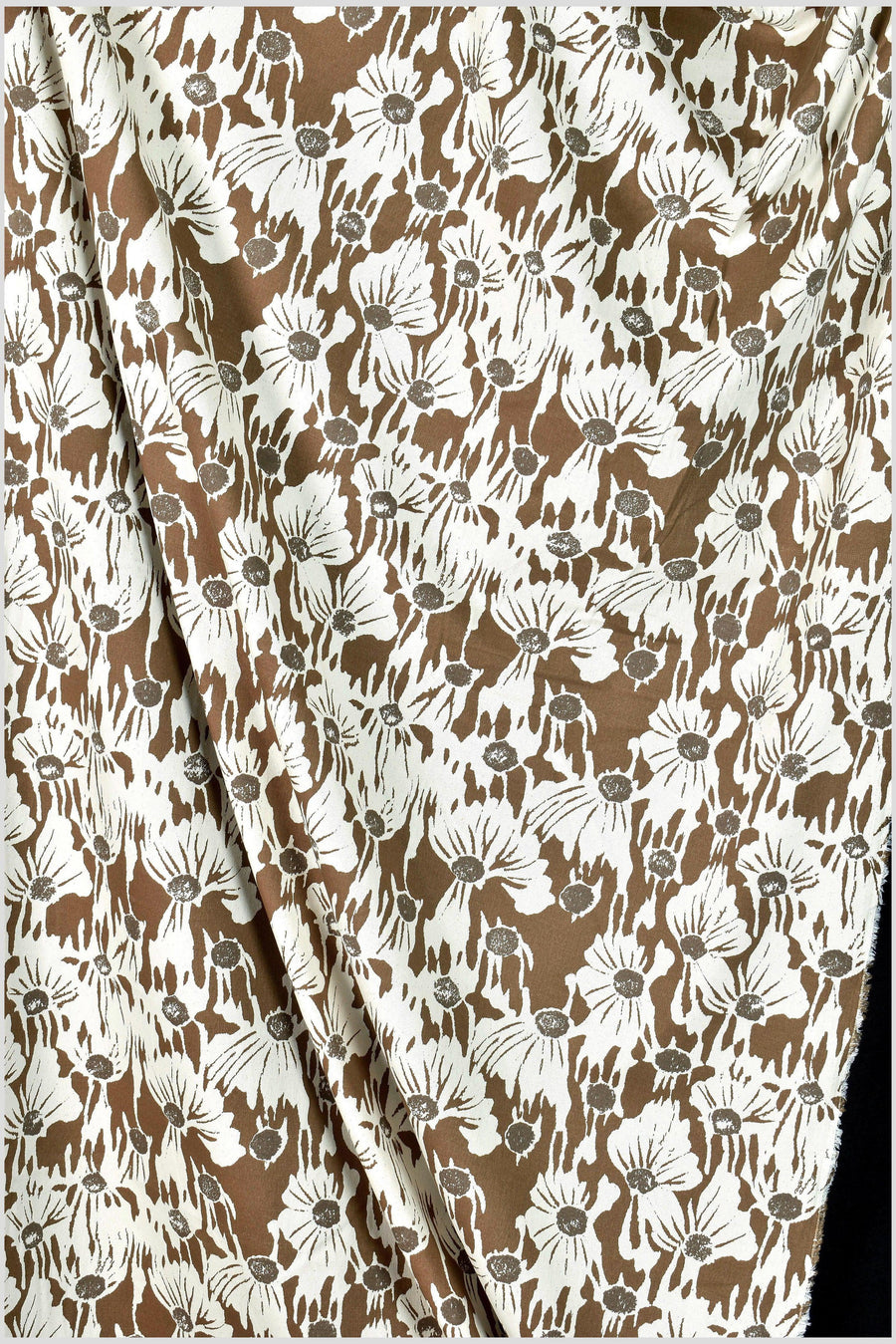 Stylized flower print fabric, unbleached natural cotton twill, off-white background, two-tone brown pattern, 45 inch wide, Thailand craft, fabric by 10 yards PHA383-10