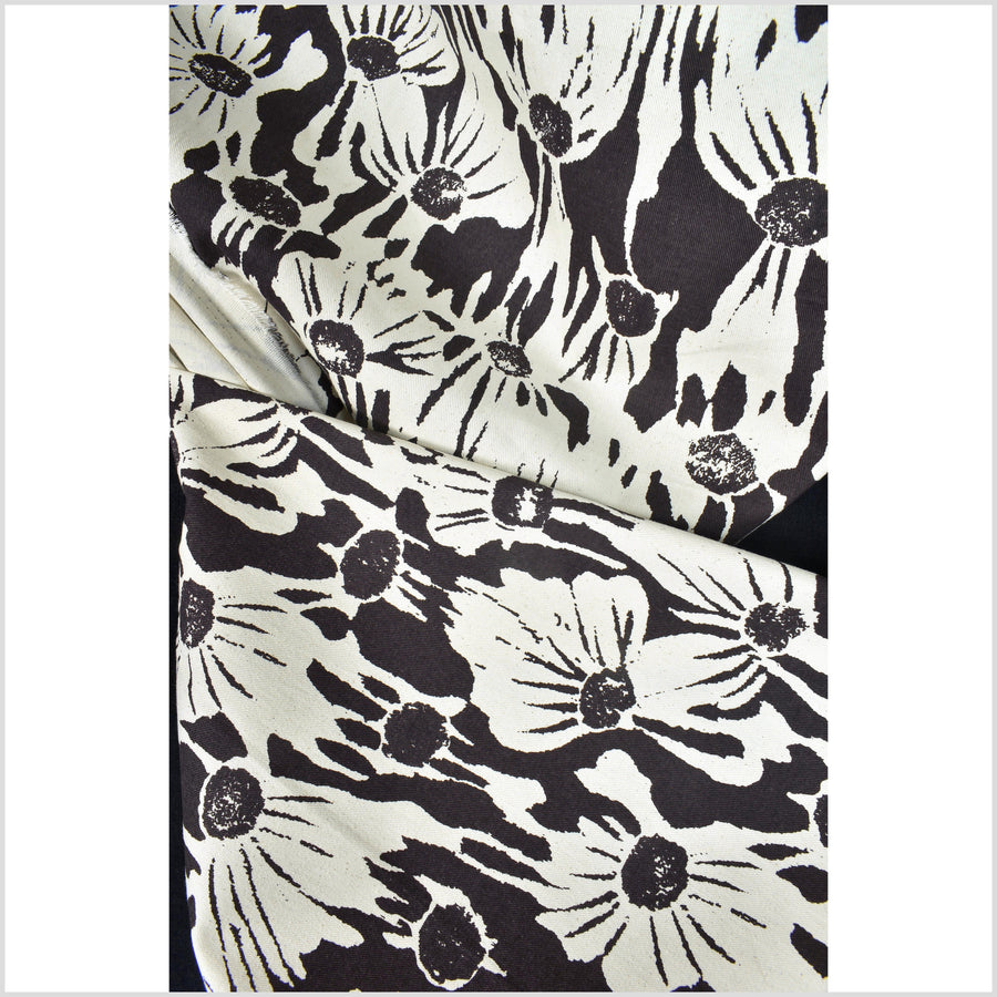 Stylized flower print fabric, unbleached natural cotton twill, off-white background, warm black pattern, 45 inch wide, Thailand craft, fabric by the yard PHA384