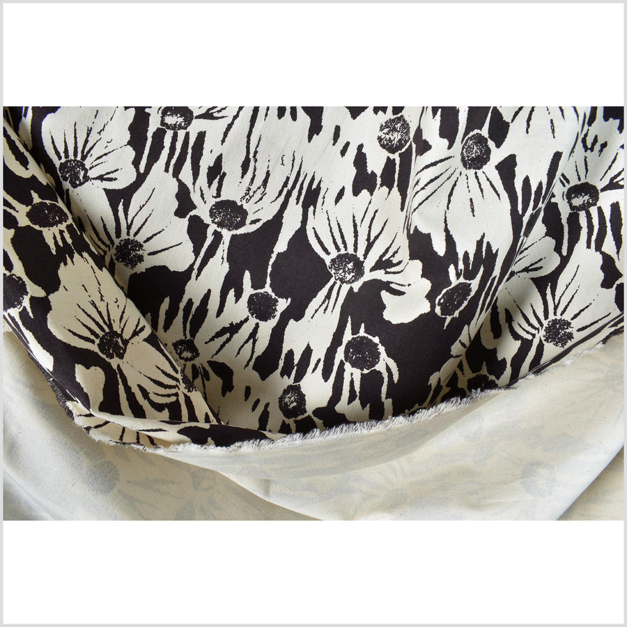Stylized flower print fabric, unbleached natural cotton twill, off-white background, warm black pattern, 45 inch wide, Thailand craft, fabric by 10 yards PHA384-10