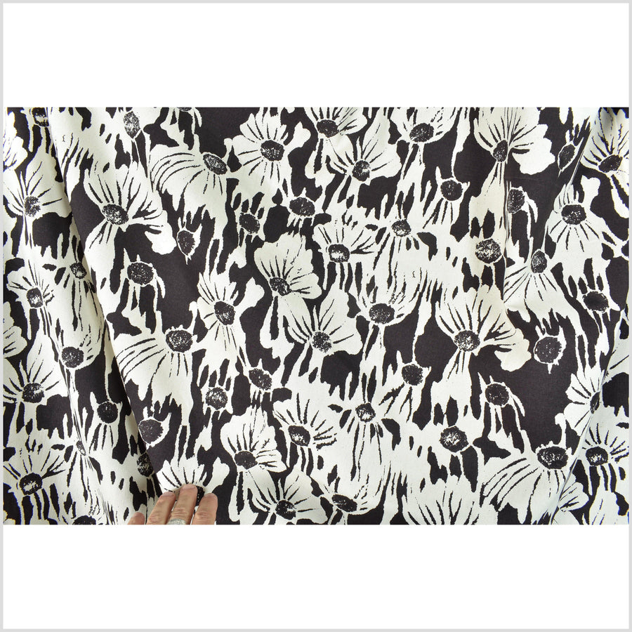 Stylized flower print fabric, unbleached natural cotton twill, off-white background, warm black pattern, 45 inch wide, Thailand craft, fabric by 10 yards PHA384-10