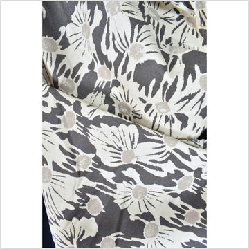 Stylized flower print fabric, unbleached natural cotton twill, off-white background, two-tone dark/light gray pattern, 45 inch wide, Thailand craft, fabric by the yard PHA385