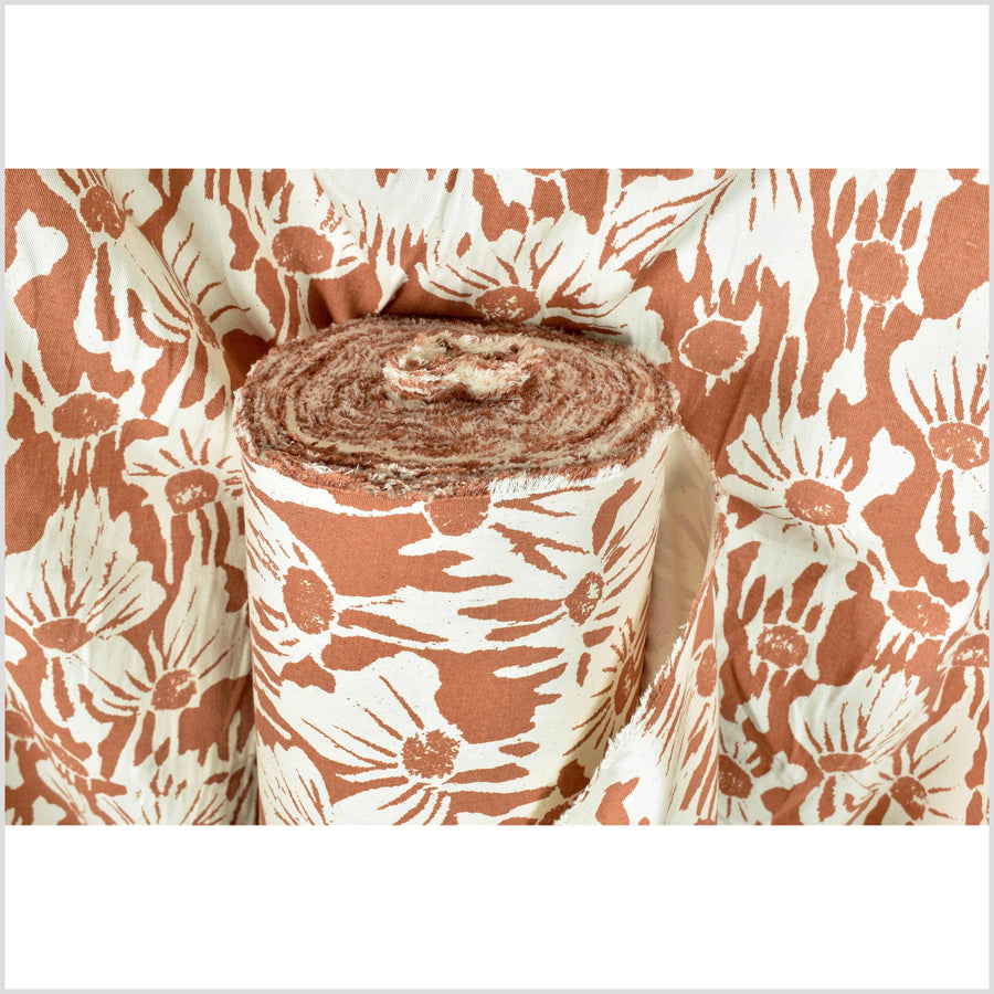Stylized flower print fabric, unbleached natural cotton twill, off-white background, two-tone burnt orange pattern, 45 inch wide, Thailand craft, fabric by 10 yards PHA386-10