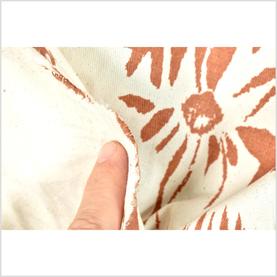 Stylized flower print fabric, unbleached natural cotton twill, off-white background, two-tone burnt orange pattern, 45 inch wide, Thailand craft, fabric by the yard PHA386