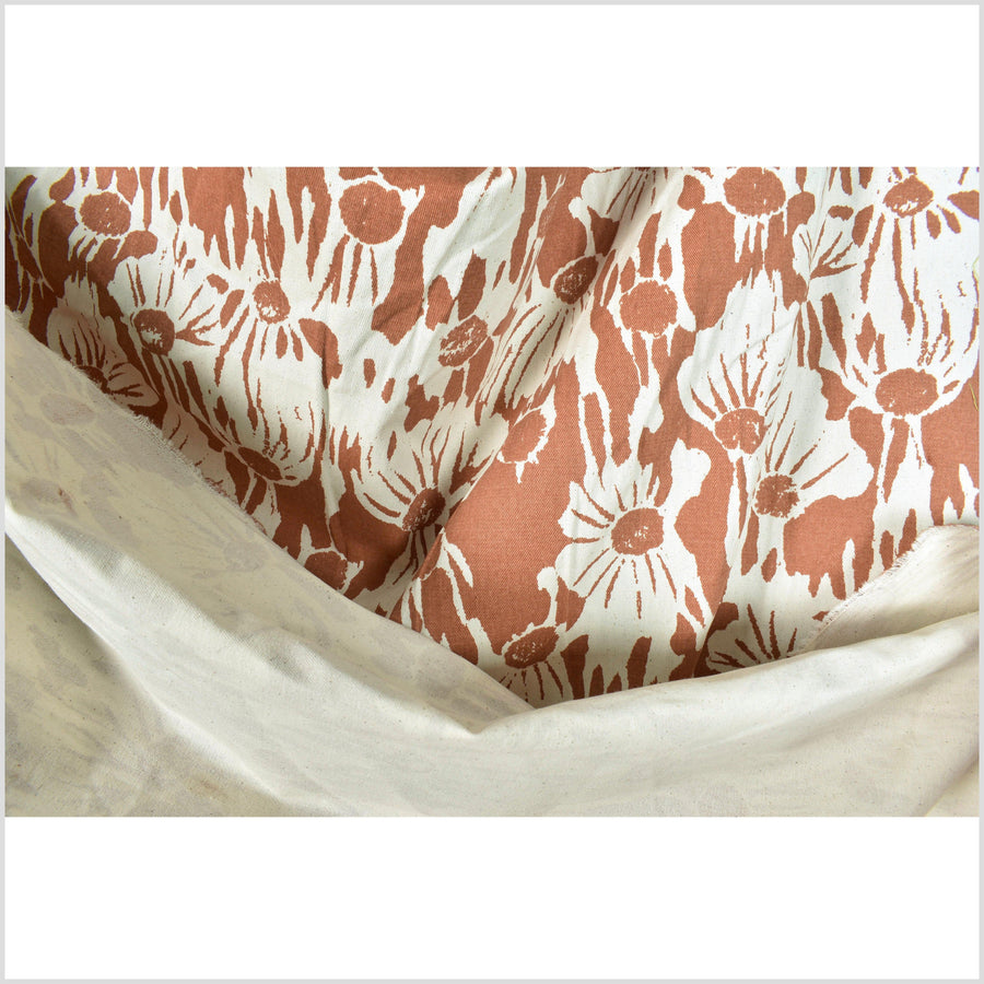 Stylized flower print fabric, unbleached natural cotton twill, off-white background, two-tone burnt orange pattern, 45 inch wide, Thailand craft, fabric by 10 yards PHA386-10