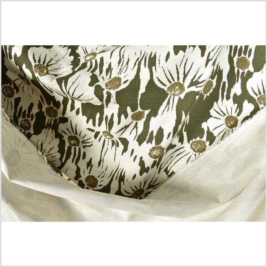 Stylized flower print fabric, unbleached natural cotton twill, off-white background, two-tone green/olive pattern, 45 inch wide, Thailand craft, fabric by the yard PHA387