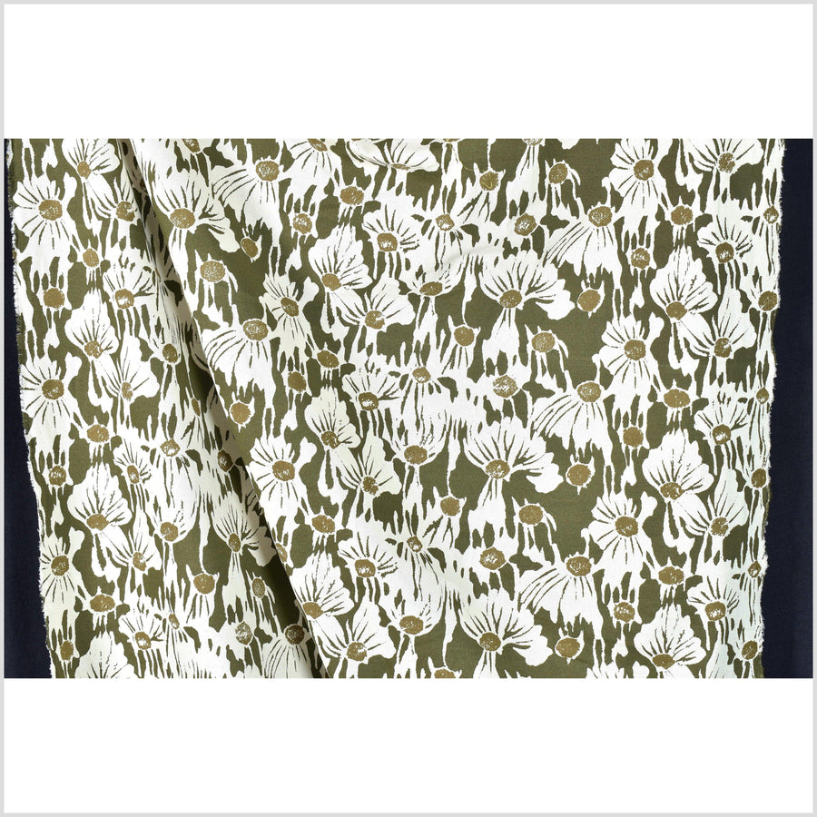 Stylized flower print fabric, unbleached natural cotton twill, off-white background, two-tone green/olive pattern, 45 inch wide, Thailand craft, fabric by the yard PHA387