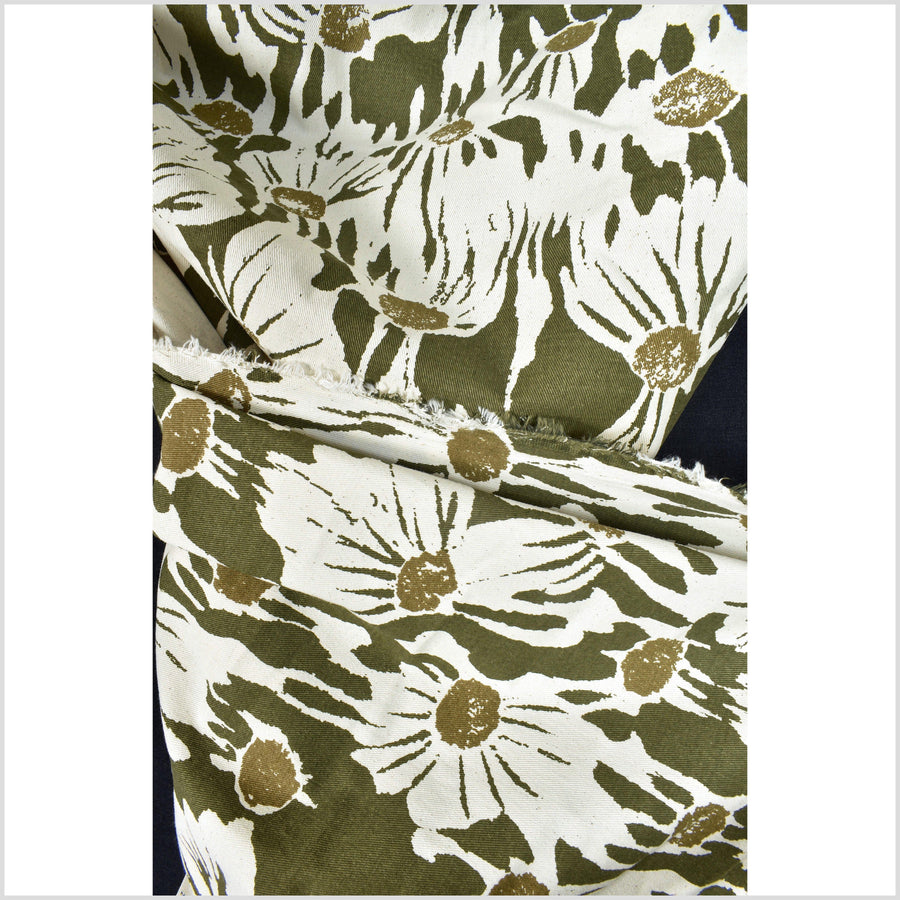 Stylized flower print fabric, unbleached natural cotton twill, off-white background, two-tone green/olive pattern, 45 inch wide, Thailand craft, fabric by 10 yards PHA387-10