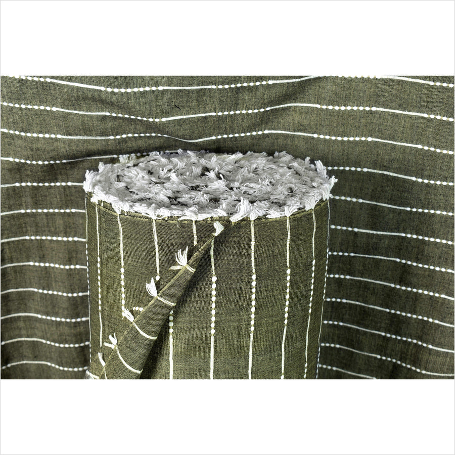 Olive green & black two-tone color, handwoven cotton fabric with woven off-white striping, light/medium-weight, fabric by the yard PHA391