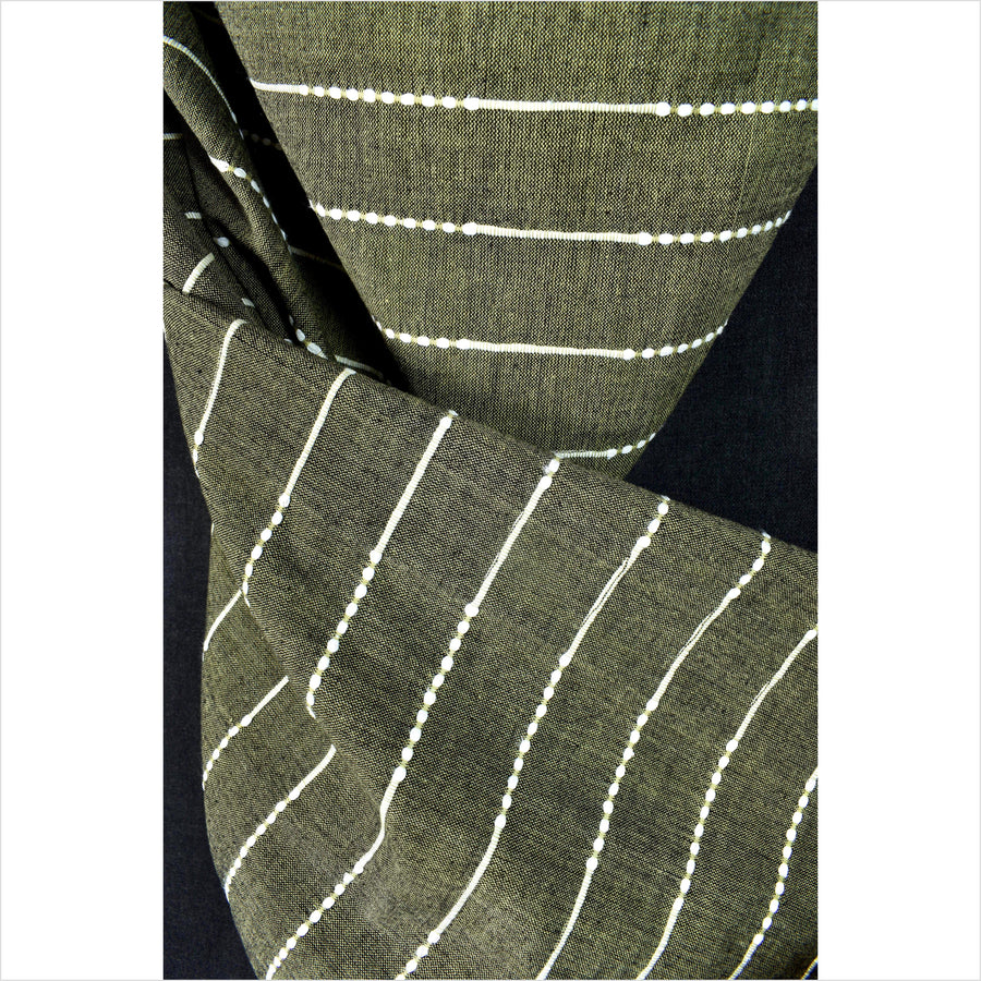 Olive green & black two-tone color, handwoven cotton fabric with woven off-white striping, light/medium-weight, fabric by the yard PHA391-10
