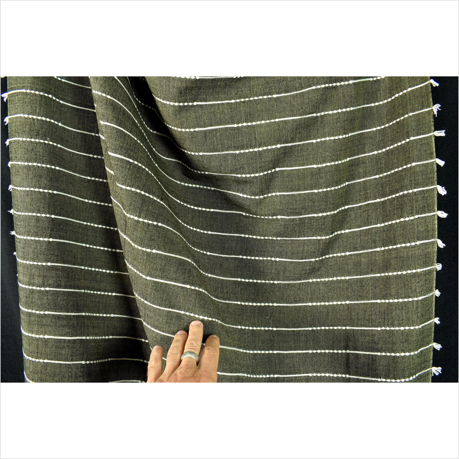 Olive green & black two-tone color, handwoven cotton fabric with woven off-white striping, light/medium-weight, fabric by the yard PHA391