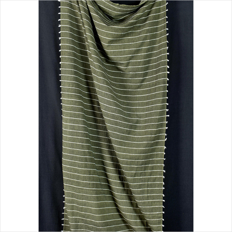 Olive green & black two-tone color, handwoven cotton fabric with woven off-white striping, light/medium-weight, fabric by the yard PHA391-10