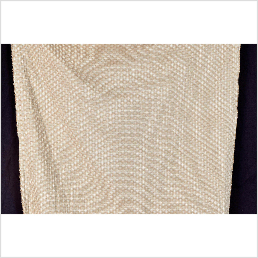 Brown white quilted cotton & linen fabric, tan off-white cross and square quilt pattern, reversible, double-sided, Thai woven craft PHA392-10