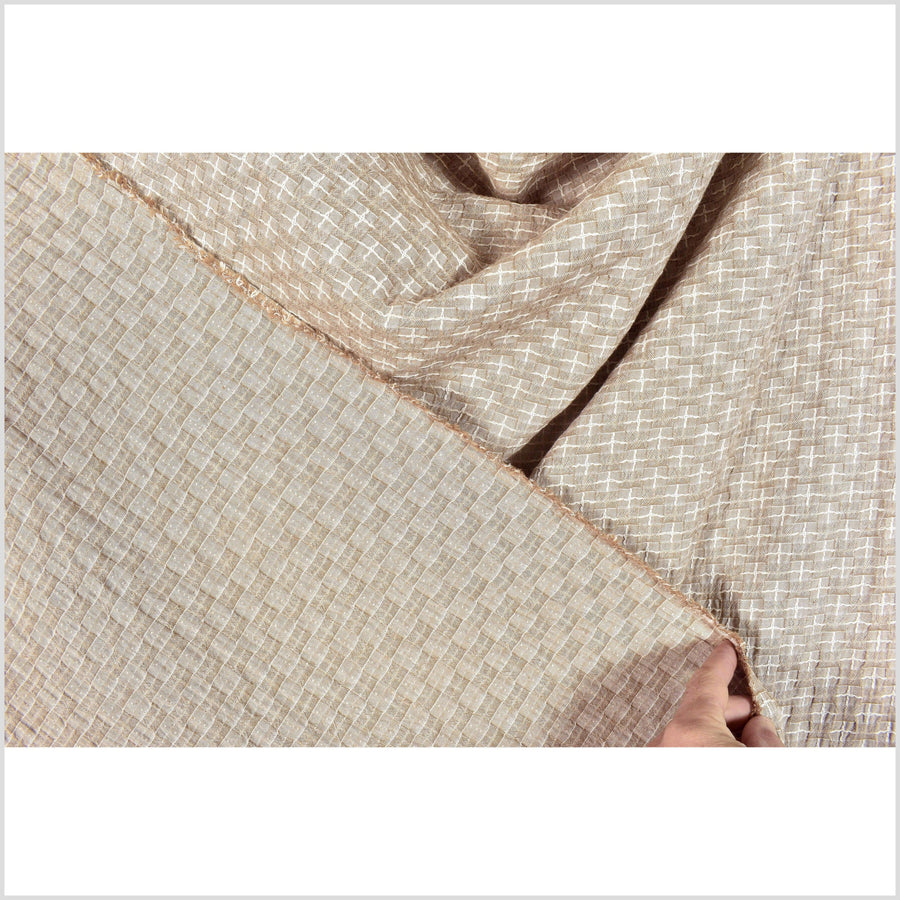 Brown white quilted cotton & linen fabric, tan off-white cross and square quilt pattern, reversible, double-sided, Thai woven craft PHA392-10