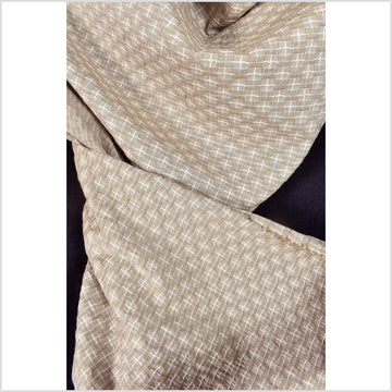 Brown white quilted cotton & linen fabric, tan off-white cross and square quilt pattern, reversible, double-sided, Thai woven craft PHA392