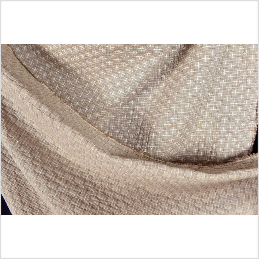 Brown white quilted cotton & linen fabric, tan off-white cross and square quilt pattern, reversible, double-sided, Thai woven craft PHA392