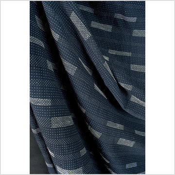 Navy blue cotton fabric, woven white dashes and stripes, lightweight crepe weave pattern, Thailand craft sold by yard PHA393