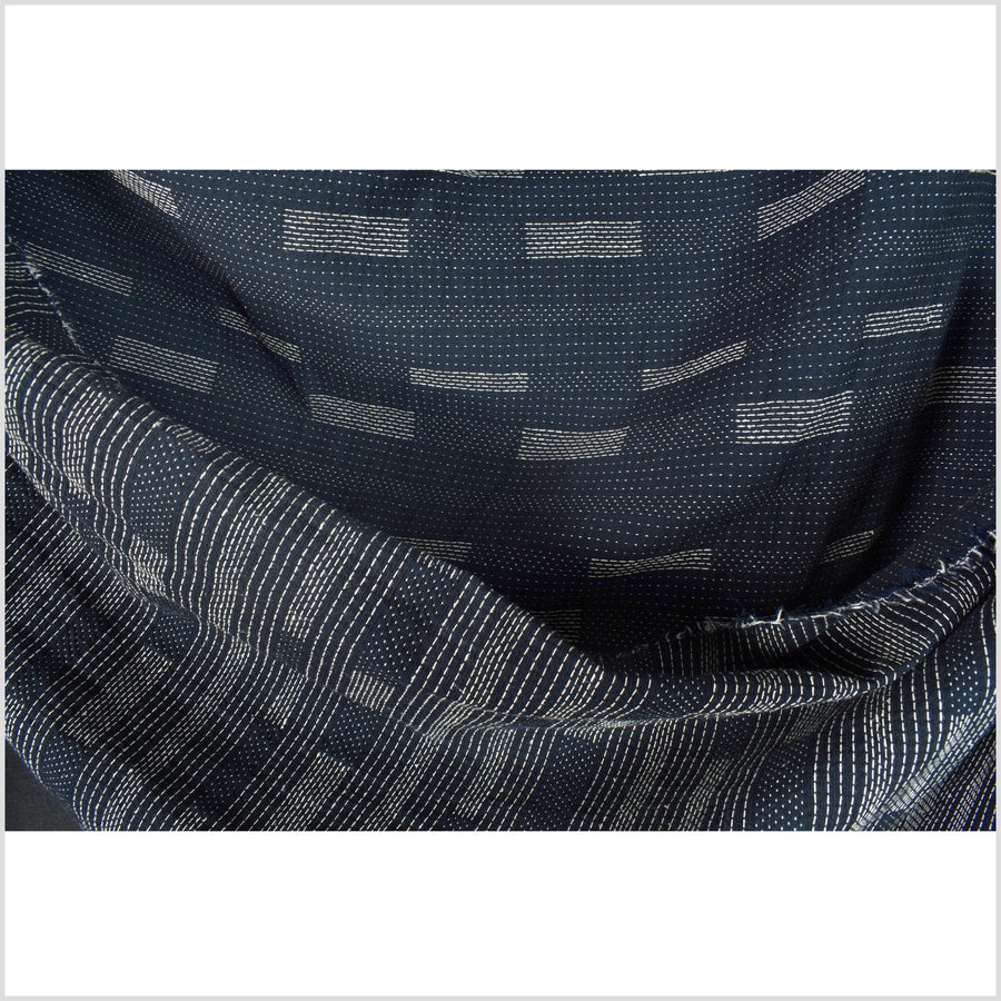 Navy blue cotton fabric, woven white dashes and stripes, lightweight crepe weave pattern, Thailand craft sold by yard PHA393