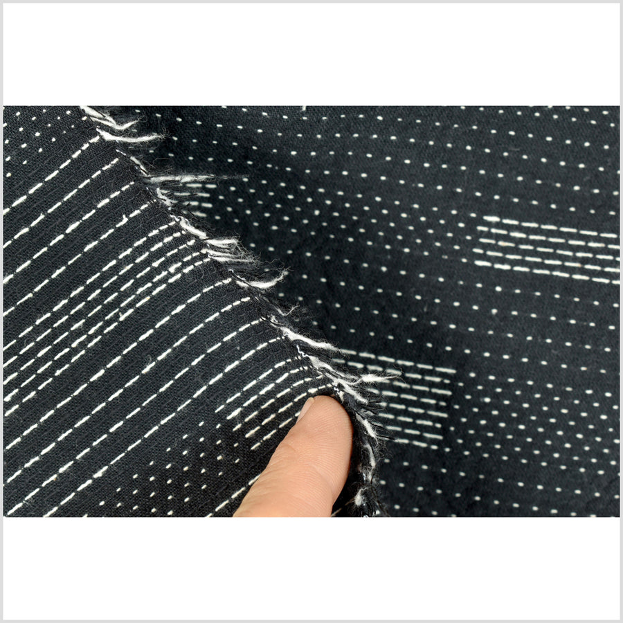 Black cotton fabric, woven white dashes and stripes, lightweight crepe weave pattern, Thailand craft sold by yard PHA394