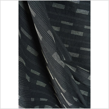 Black cotton fabric, woven white dashes and stripes, lightweight crepe weave pattern, Thailand craft sold by yard PHA394