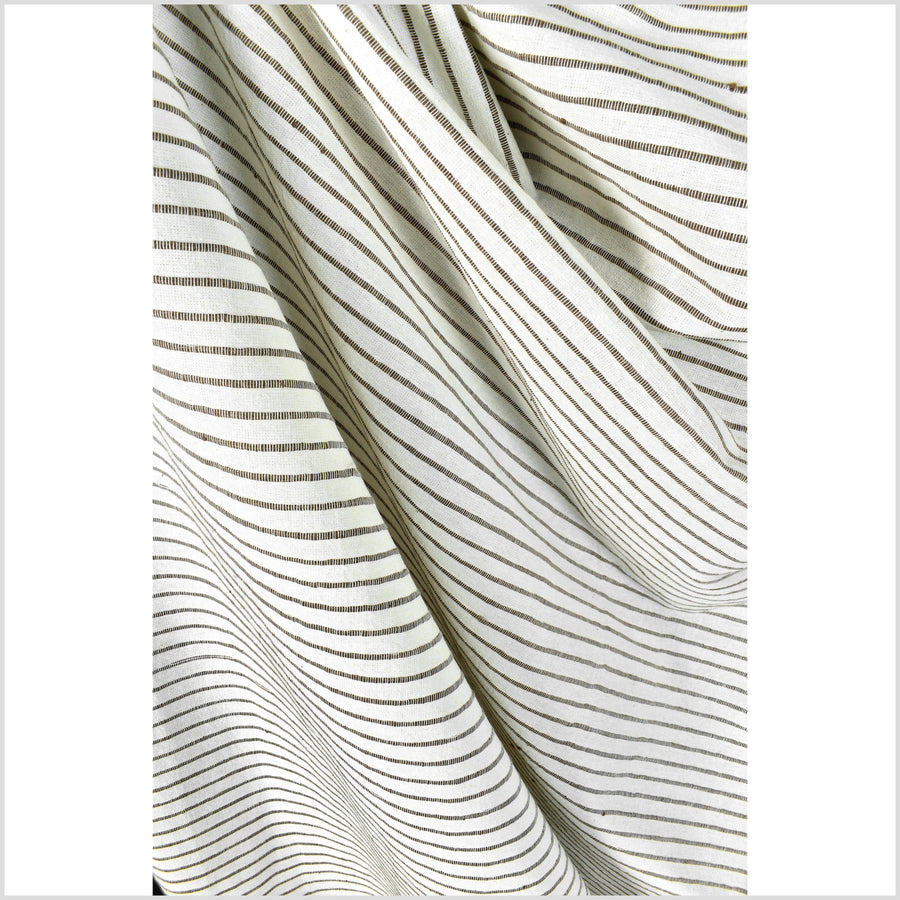 Warm off white cream, unbleached handwoven cotton with woven chocolate brown stripes, raised texture, Thai fabric by the yard PHA396
