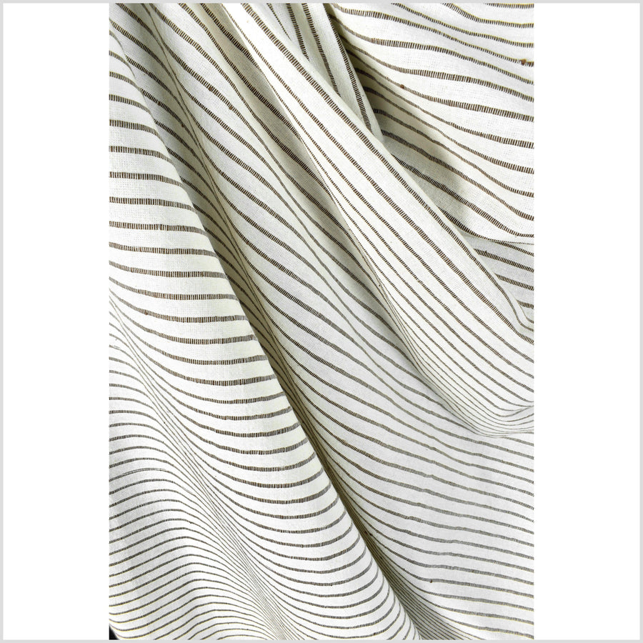 Warm off white cream, unbleached handwoven cotton with woven chocolate brown stripes, raised texture, Thai fabric by 10 yard lengths PHA396-10