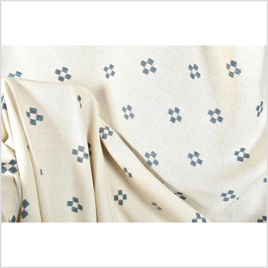 Textured woven neutral beige cotton, blue teal check cross pattern, unbleached, washed, soft and airy, Thailand craft by the yard PHA398