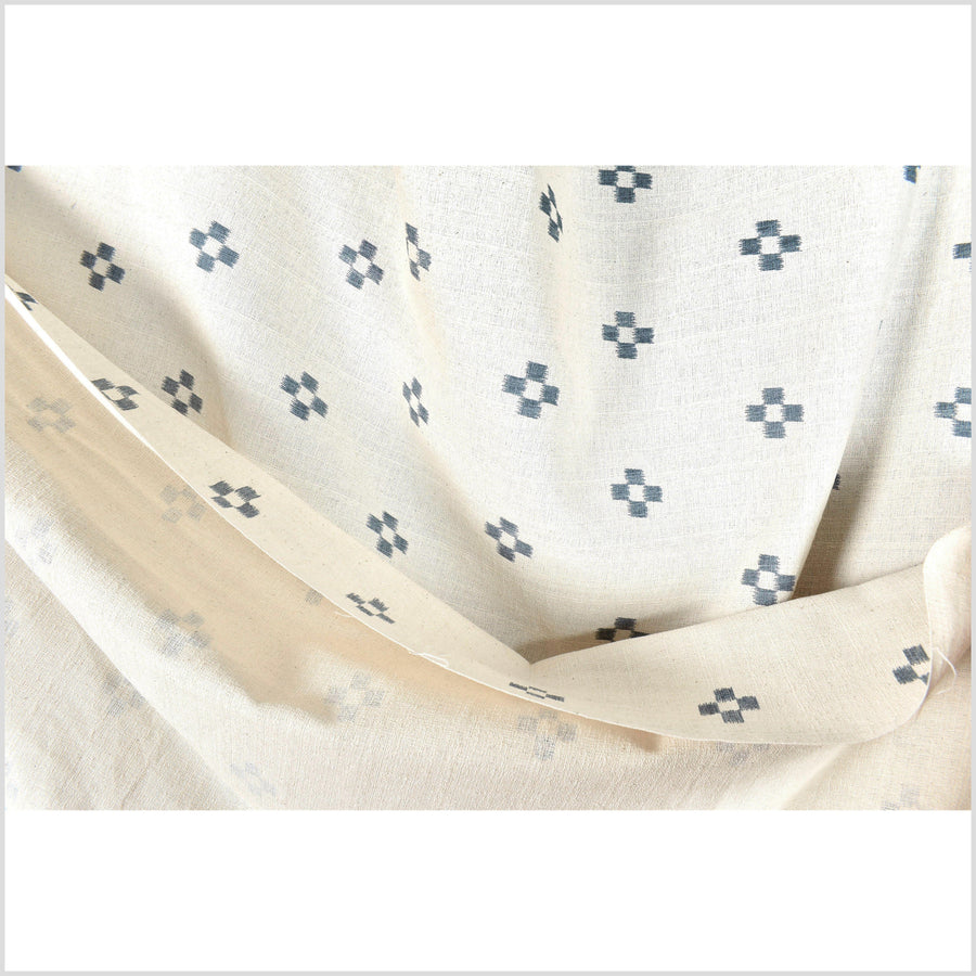 Textured woven neutral beige cotton, blue teal check cross pattern, unbleached, washed, soft and airy, Thailand craft by the yard PHA398