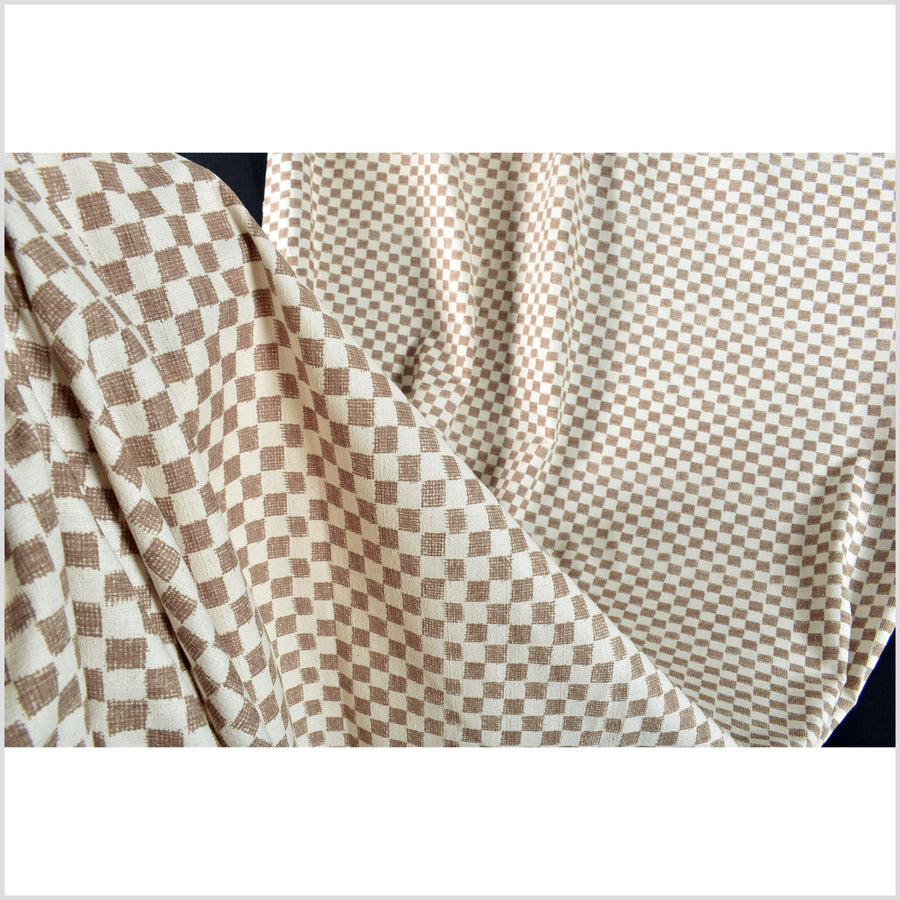 Mocha brown cotton fabric, off-white cream checkerboard screen print, bold graphic pattern, Thai craft, sold by 10 yards PHA399-10